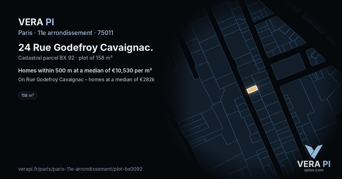 24 Rue Godefroy Cavaignac, 11e arrondissement at night – the plot lit, the parcels around coloured by the prices near them