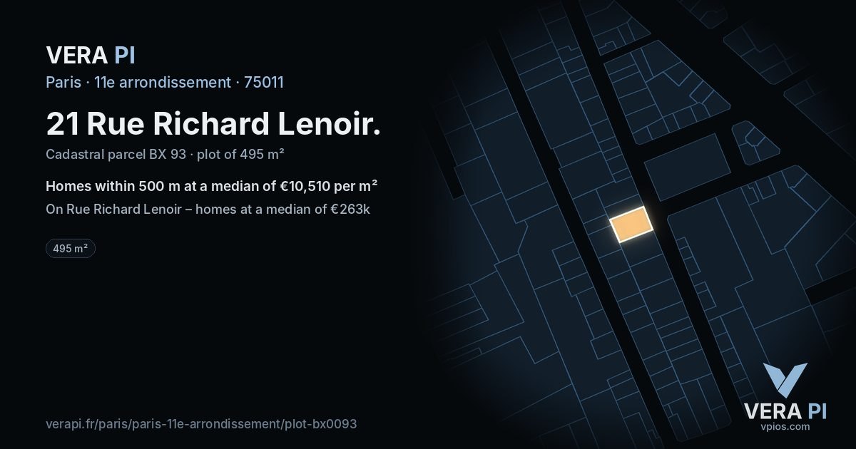 21 Rue Richard Lenoir, 11e arrondissement at night – the plot lit, the parcels around coloured by the prices near them