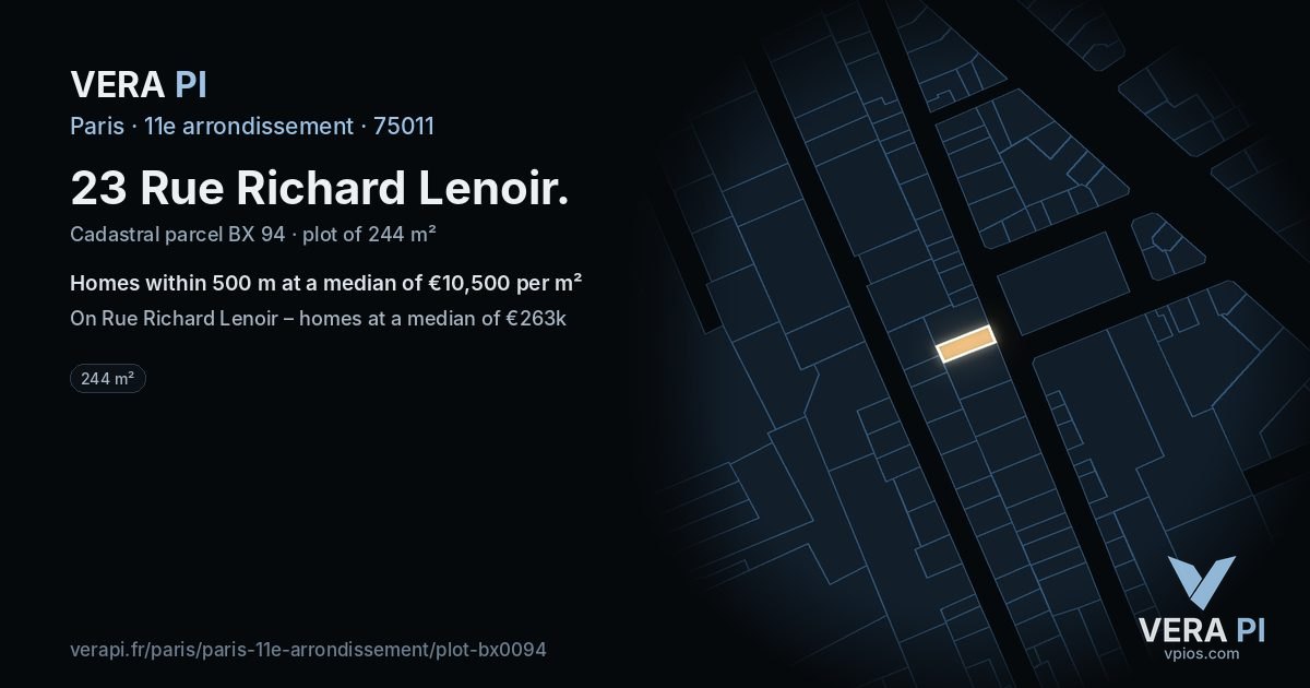 23 Rue Richard Lenoir, 11e arrondissement at night – the plot lit, the parcels around coloured by the prices near them