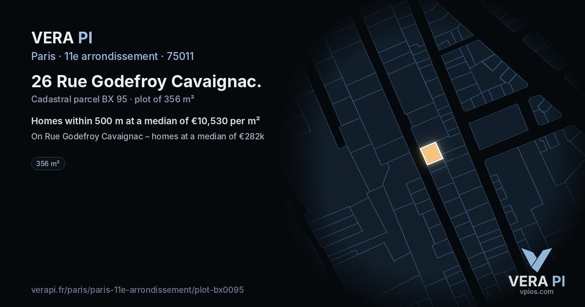 26 Rue Godefroy Cavaignac, 11e arrondissement at night – the plot lit, the parcels around coloured by the prices near them
