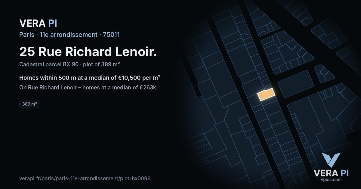 25 Rue Richard Lenoir, 11e arrondissement at night – the plot lit, the parcels around coloured by the prices near them