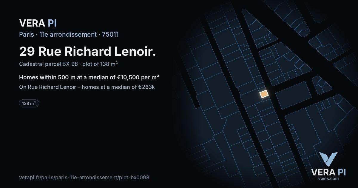 29 Rue Richard Lenoir, 11e arrondissement at night – the plot lit, the parcels around coloured by the prices near them