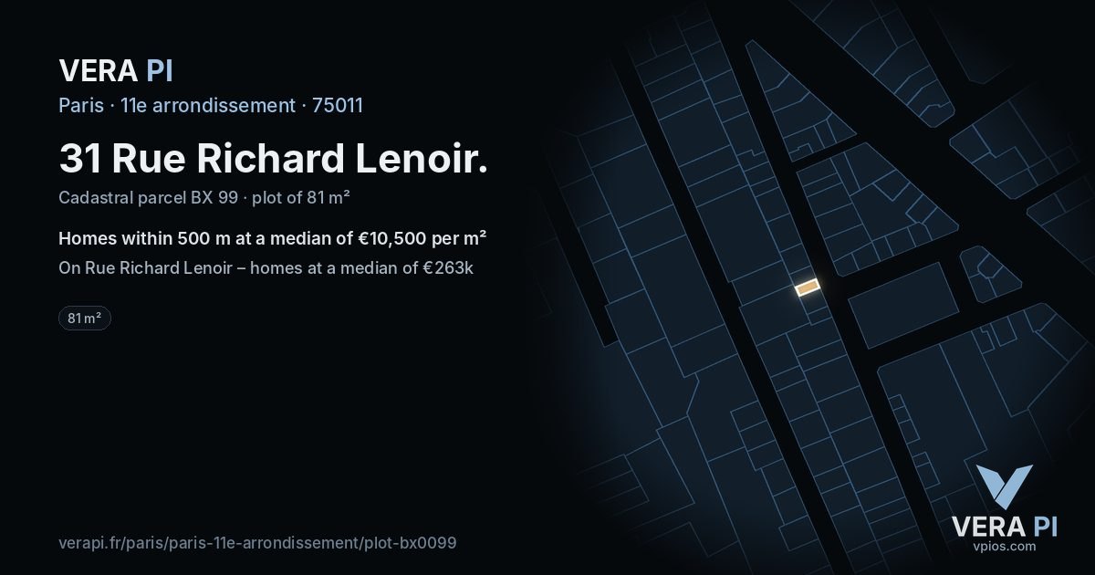 31 Rue Richard Lenoir, 11e arrondissement at night – the plot lit, the parcels around coloured by the prices near them