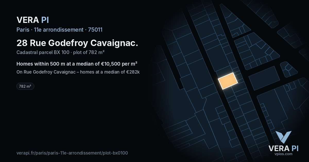 28 Rue Godefroy Cavaignac, 11e arrondissement at night – the plot lit, the parcels around coloured by the prices near them