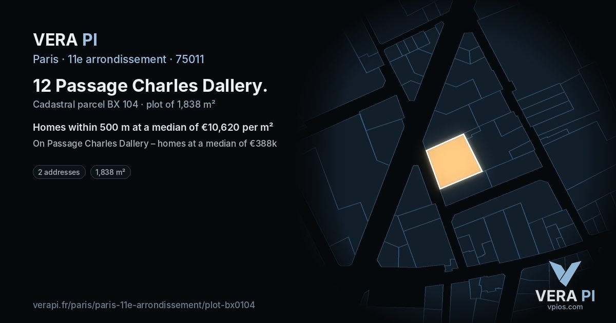 12 Passage Charles Dallery, 11e arrondissement at night – the plot lit, the parcels around coloured by the prices near them