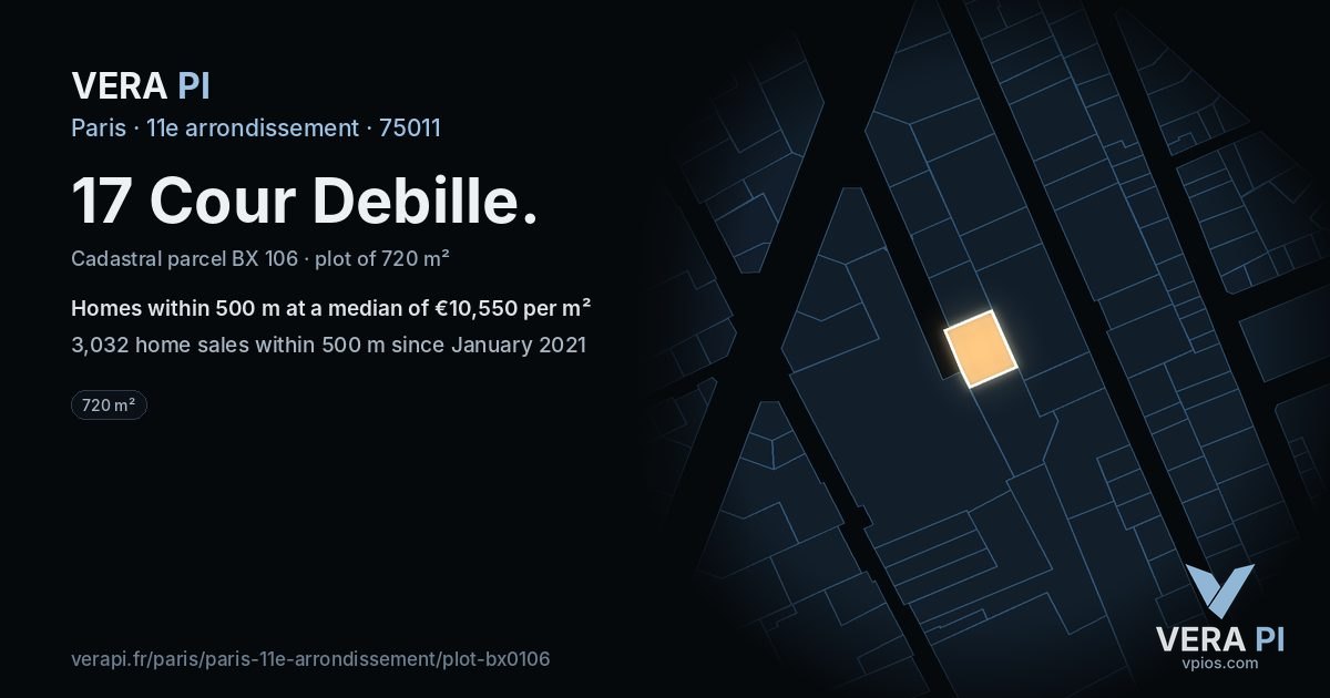 17 Cour Debille, 11e arrondissement at night – the plot lit, the parcels around coloured by the prices near them