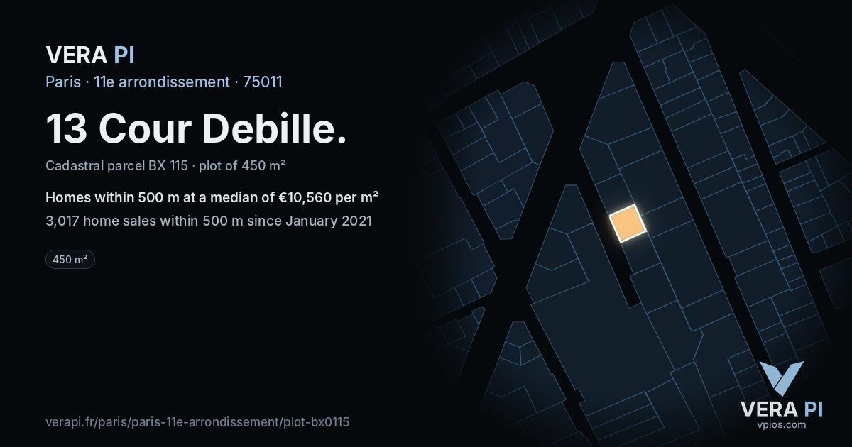 13 Cour Debille, 11e arrondissement at night – the plot lit, the parcels around coloured by the prices near them