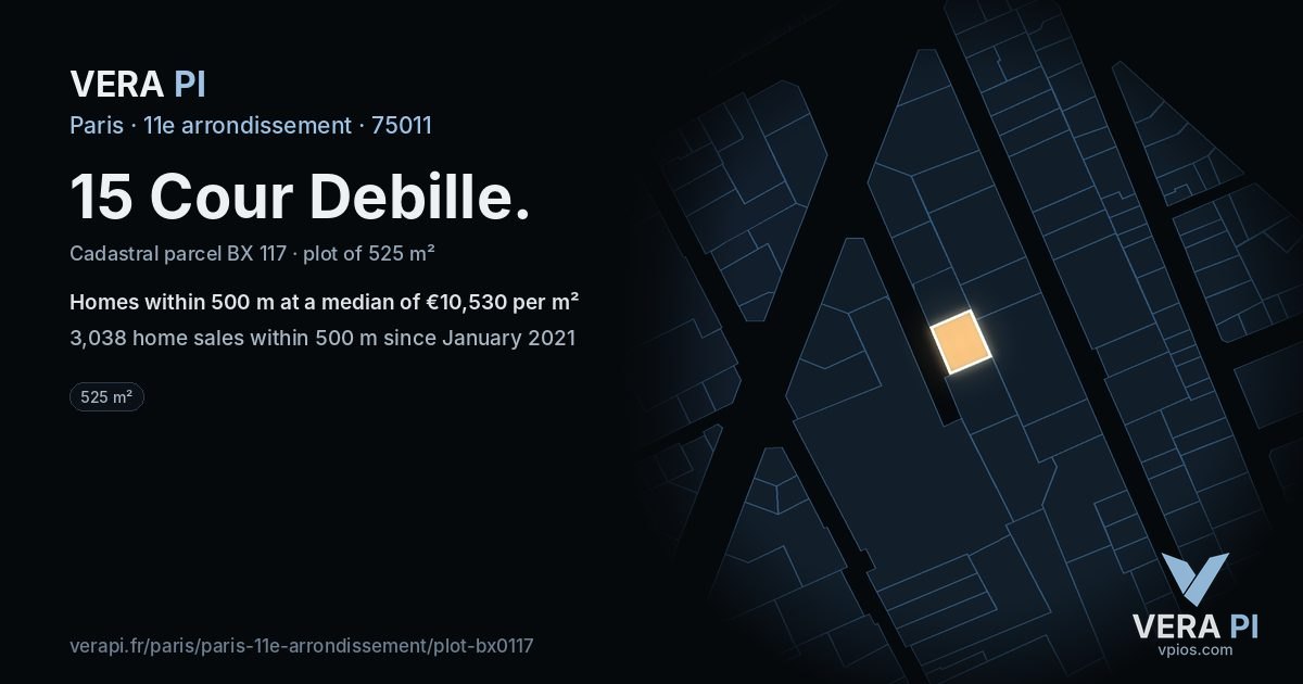 15 Cour Debille, 11e arrondissement at night – the plot lit, the parcels around coloured by the prices near them