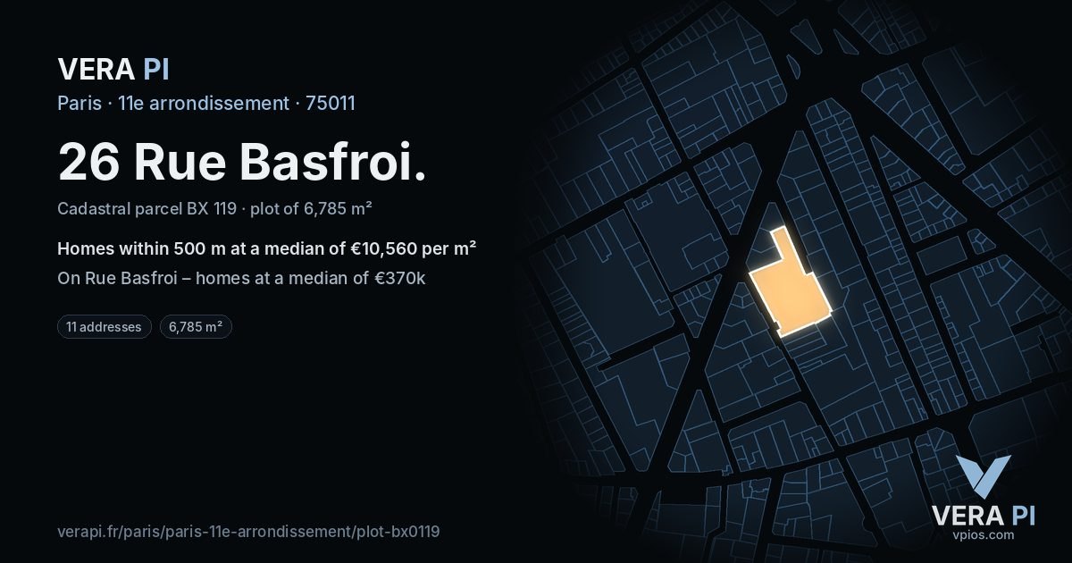 26 Rue Basfroi, 11e arrondissement at night – the plot lit, the parcels around coloured by the prices near them