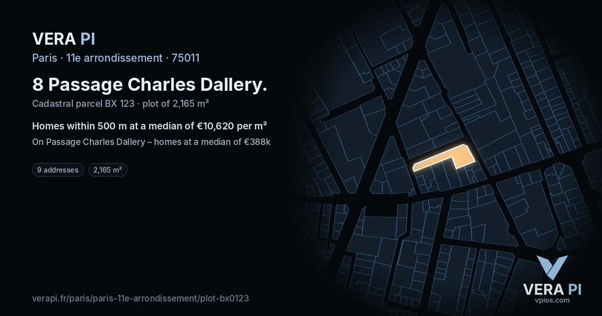8 Passage Charles Dallery, 11e arrondissement at night – the plot lit, the parcels around coloured by the prices near them