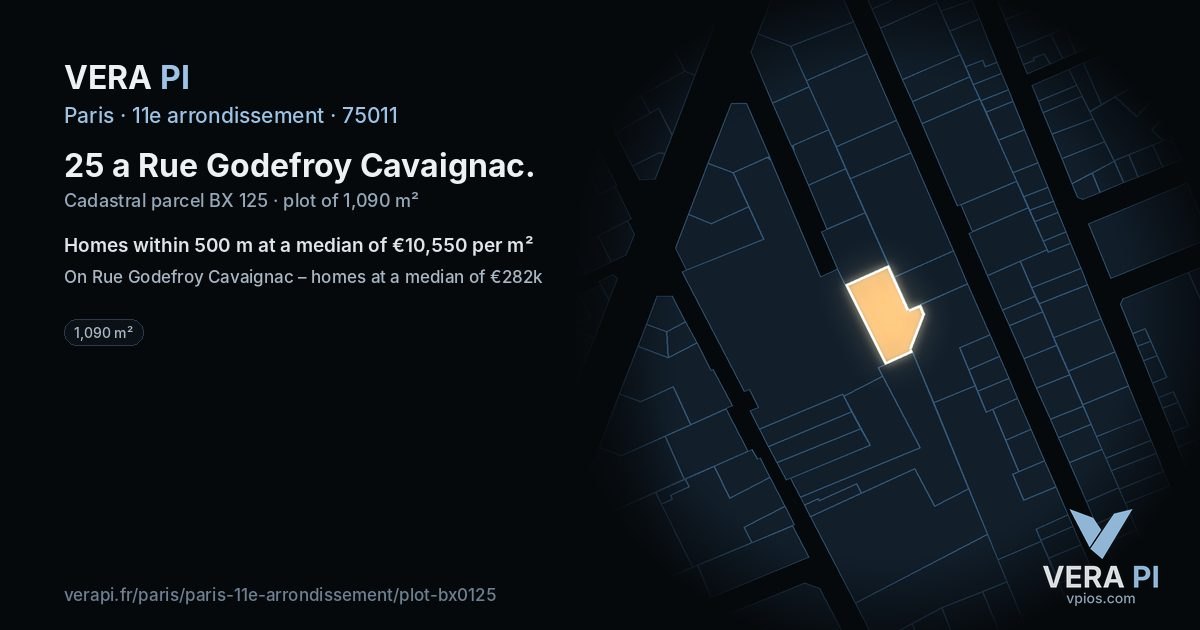 25 a Rue Godefroy Cavaignac, 11e arrondissement at night – the plot lit, the parcels around coloured by the prices near them