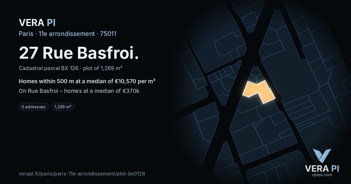 27 Rue Basfroi, 11e arrondissement at night – the plot lit, the parcels around coloured by the prices near them