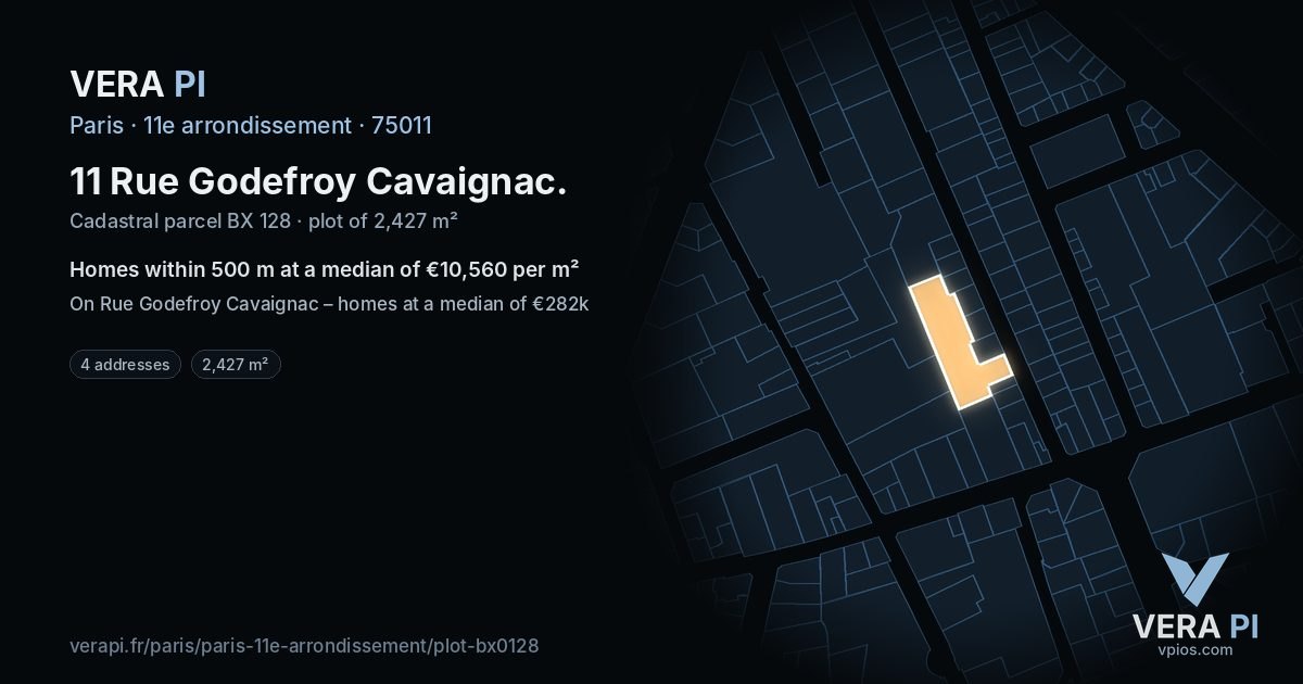 11 Rue Godefroy Cavaignac, 11e arrondissement at night – the plot lit, the parcels around coloured by the prices near them
