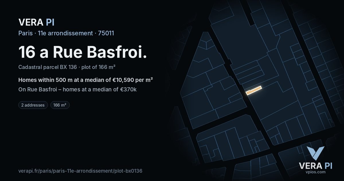 16 a Rue Basfroi, 11e arrondissement at night – the plot lit, the parcels around coloured by the prices near them