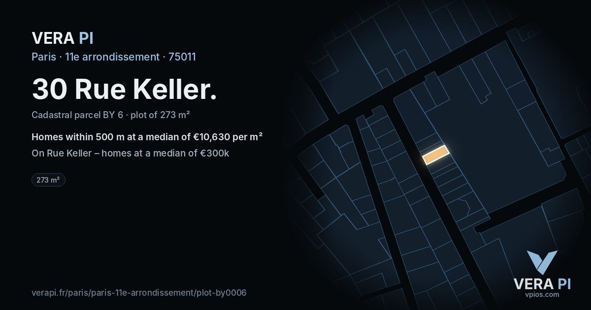 30 Rue Keller, 11e arrondissement at night – the plot lit, the parcels around coloured by the prices near them