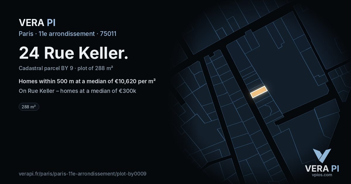 24 Rue Keller, 11e arrondissement at night – the plot lit, the parcels around coloured by the prices near them