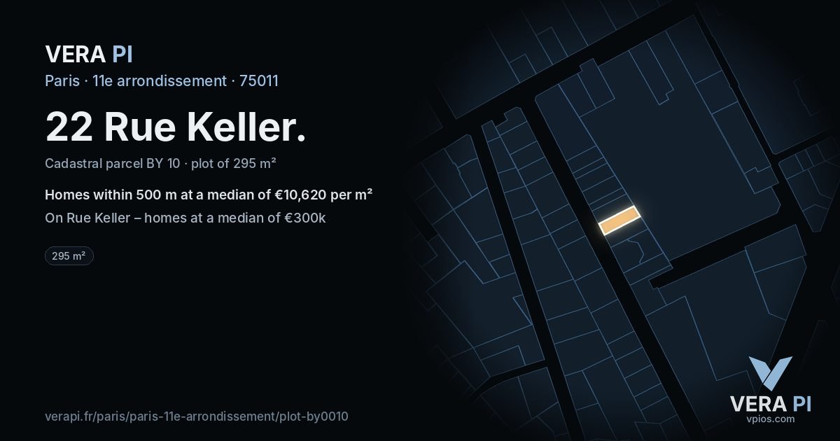 22 Rue Keller, 11e arrondissement at night – the plot lit, the parcels around coloured by the prices near them