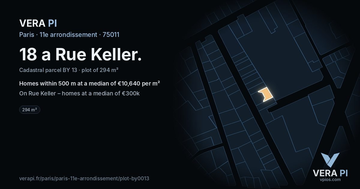 18 a Rue Keller, 11e arrondissement at night – the plot lit, the parcels around coloured by the prices near them