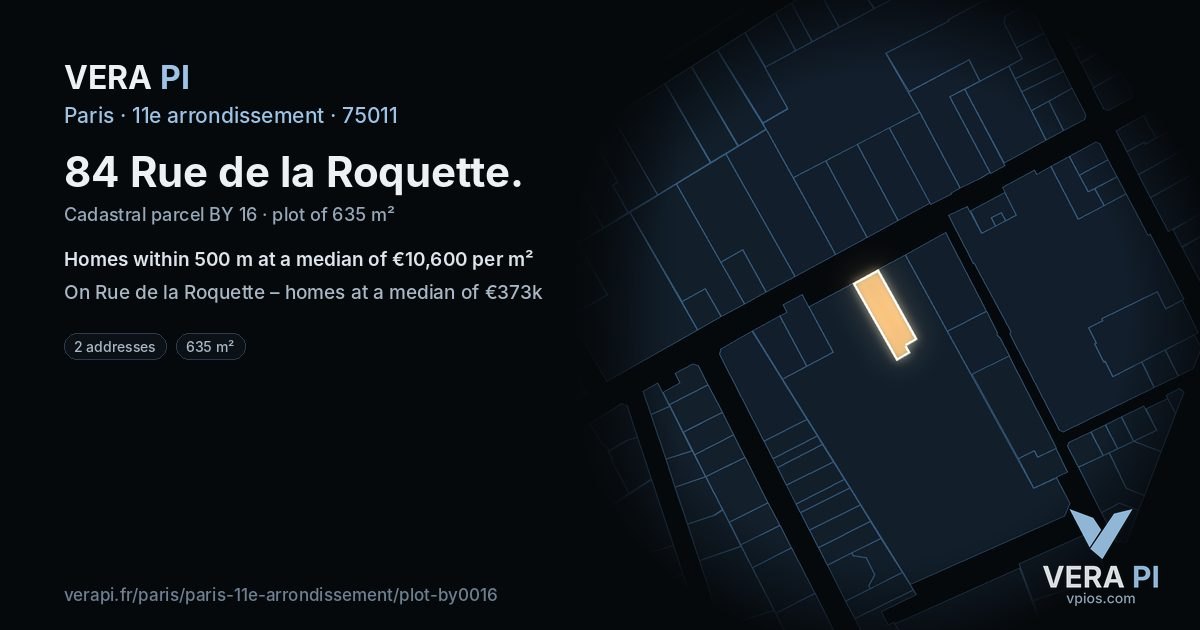 84 Rue de la Roquette, 11e arrondissement at night – the plot lit, the parcels around coloured by the prices near them