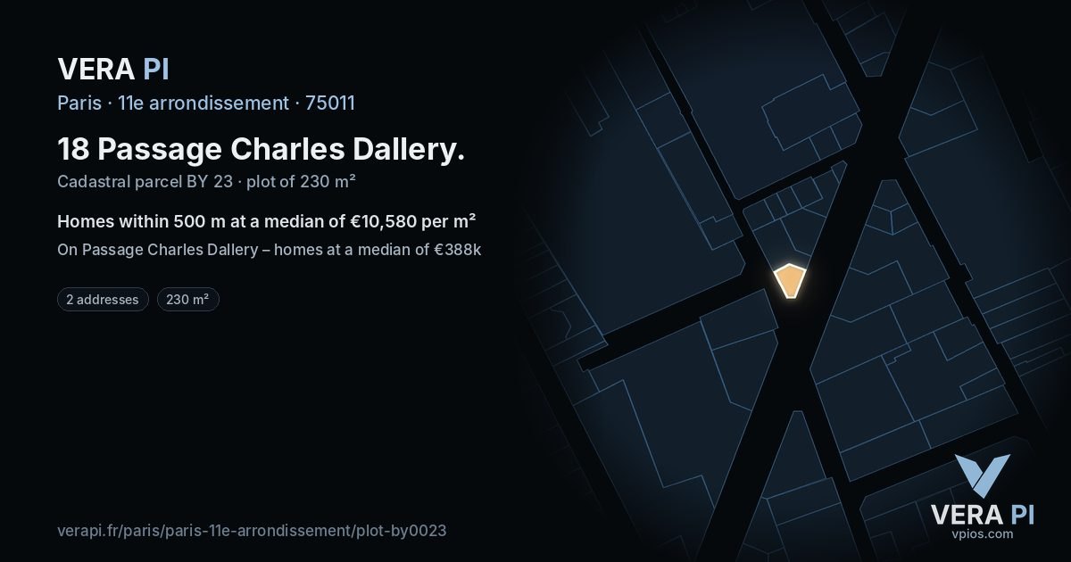 18 Passage Charles Dallery, 11e arrondissement at night – the plot lit, the parcels around coloured by the prices near them