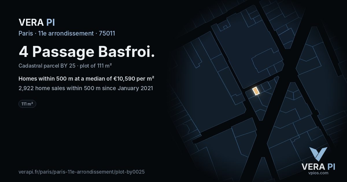 4 Passage Basfroi, 11e arrondissement at night – the plot lit, the parcels around coloured by the prices near them