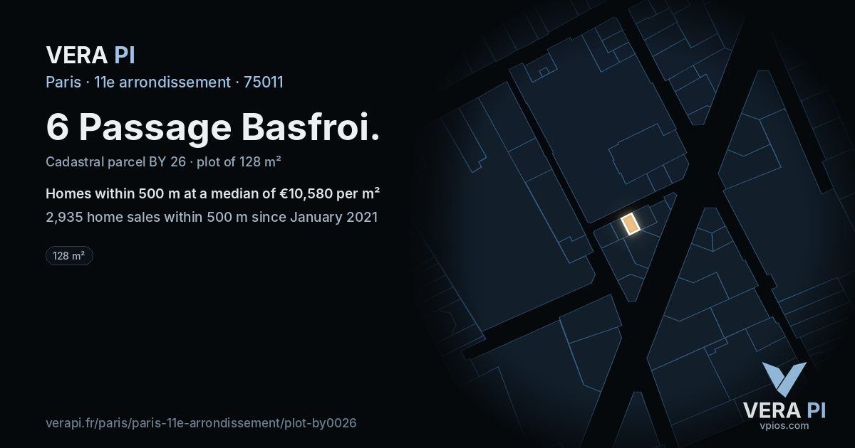 6 Passage Basfroi, 11e arrondissement at night – the plot lit, the parcels around coloured by the prices near them