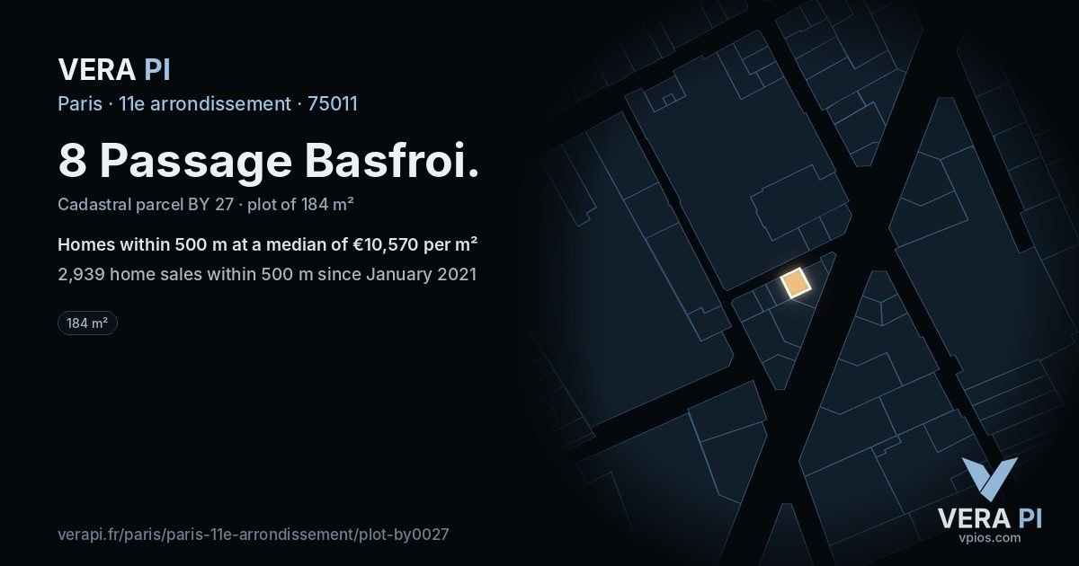 8 Passage Basfroi, 11e arrondissement at night – the plot lit, the parcels around coloured by the prices near them