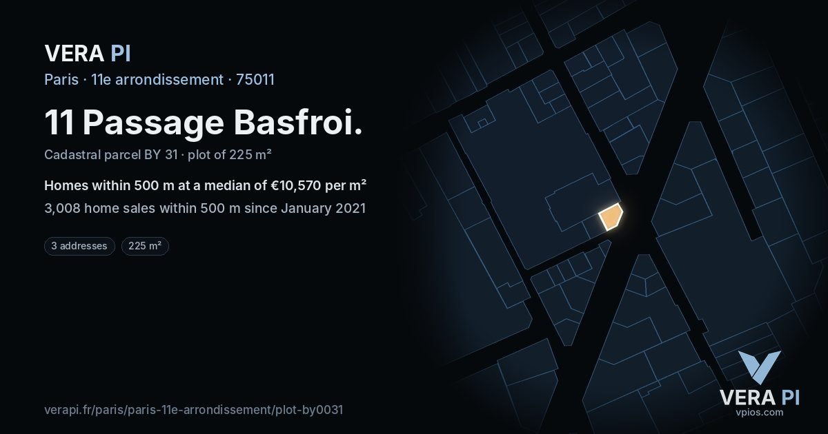 11 Passage Basfroi, 11e arrondissement at night – the plot lit, the parcels around coloured by the prices near them