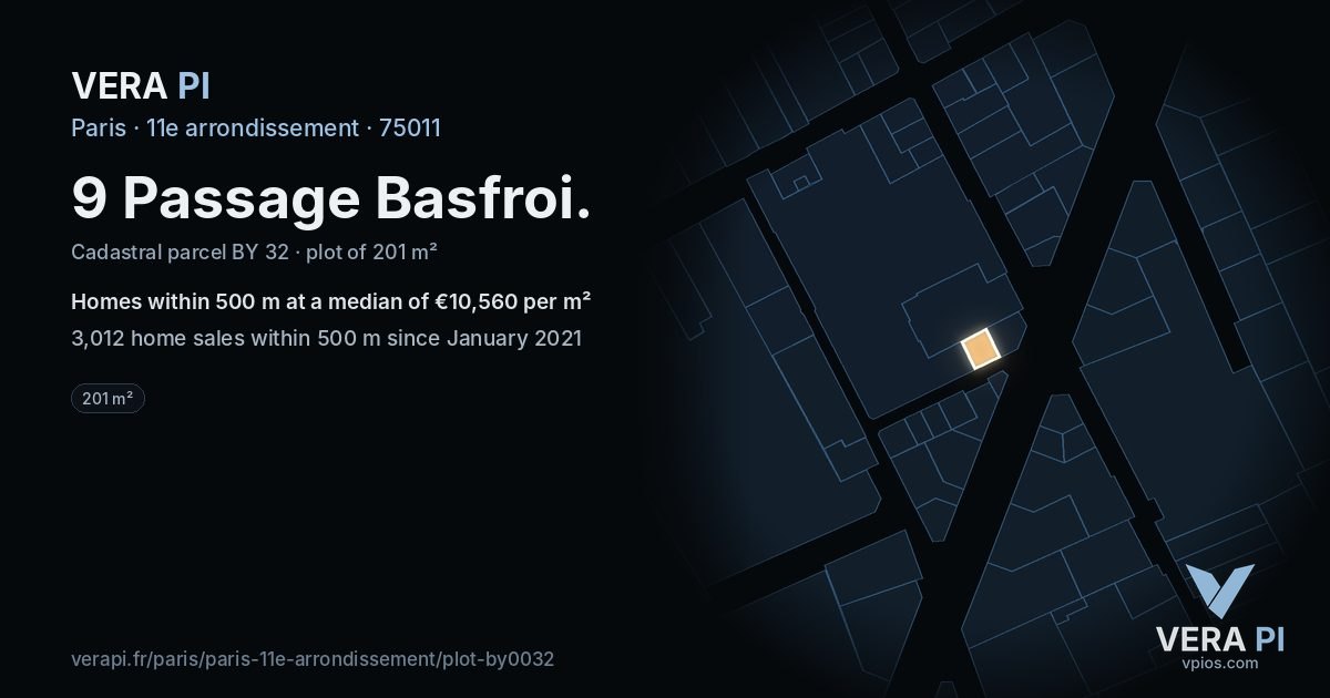 9 Passage Basfroi, 11e arrondissement at night – the plot lit, the parcels around coloured by the prices near them