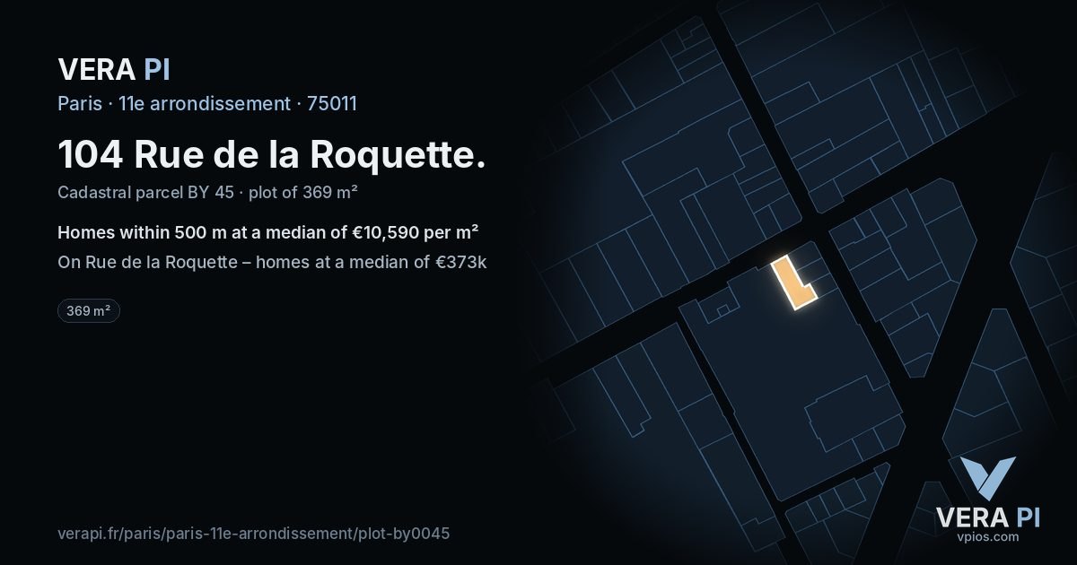 104 Rue de la Roquette, 11e arrondissement at night – the plot lit, the parcels around coloured by the prices near them