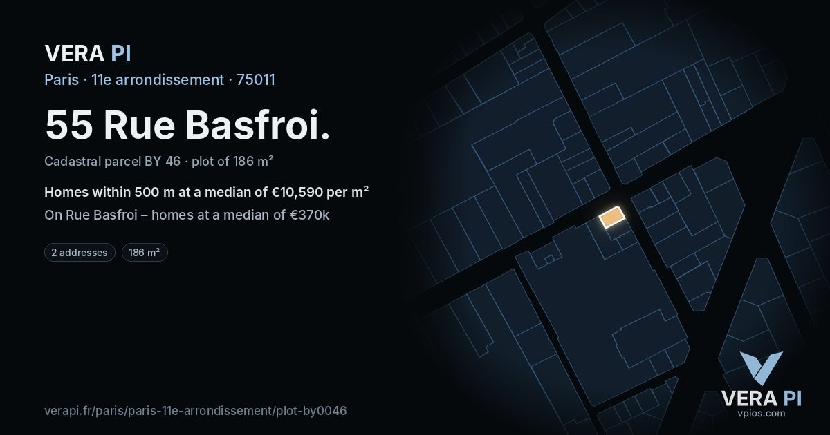 55 Rue Basfroi, 11e arrondissement at night – the plot lit, the parcels around coloured by the prices near them