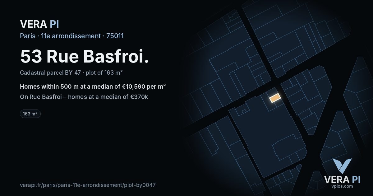 53 Rue Basfroi, 11e arrondissement at night – the plot lit, the parcels around coloured by the prices near them