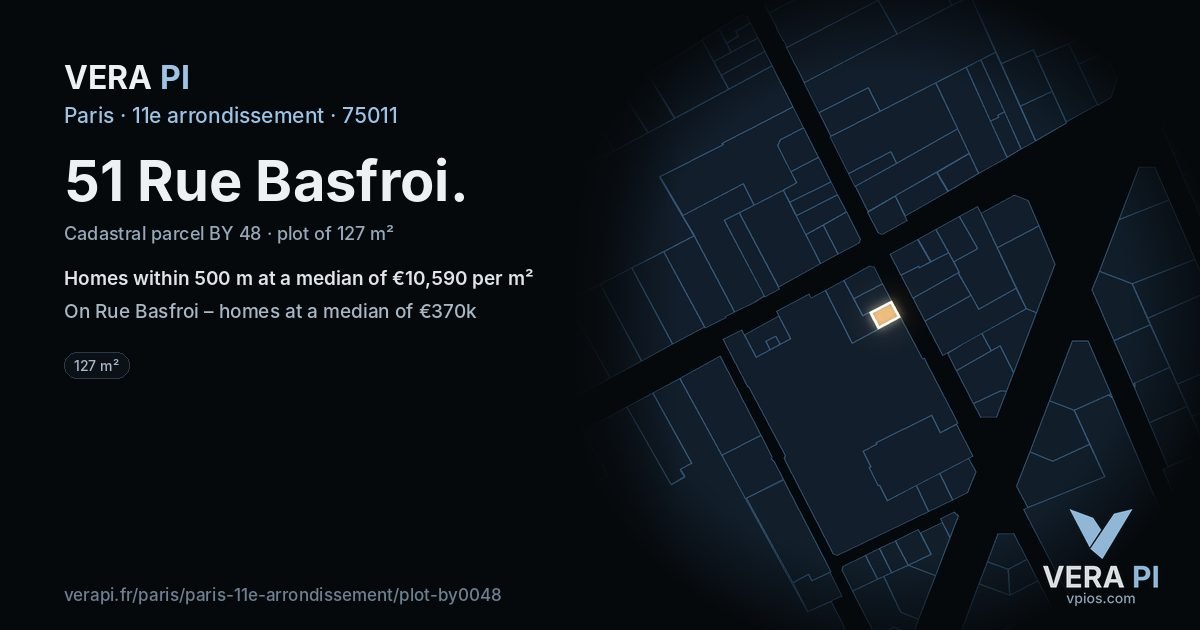 51 Rue Basfroi, 11e arrondissement at night – the plot lit, the parcels around coloured by the prices near them