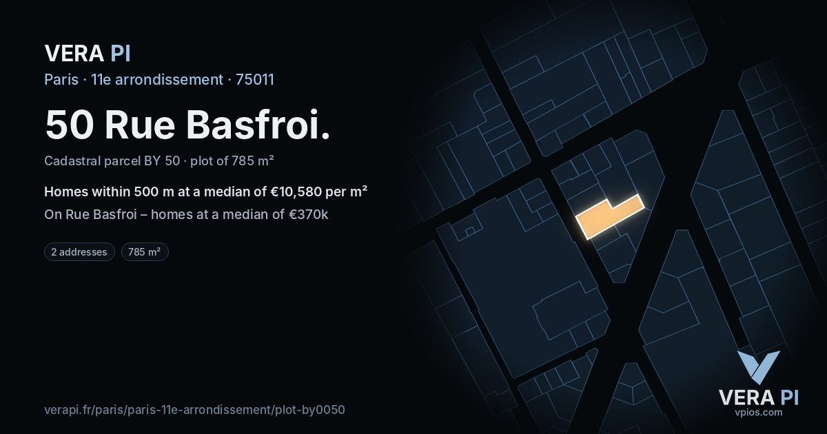50 Rue Basfroi, 11e arrondissement at night – the plot lit, the parcels around coloured by the prices near them