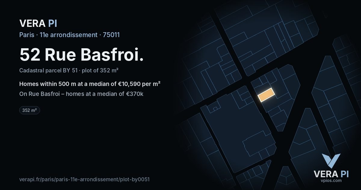 52 Rue Basfroi, 11e arrondissement at night – the plot lit, the parcels around coloured by the prices near them