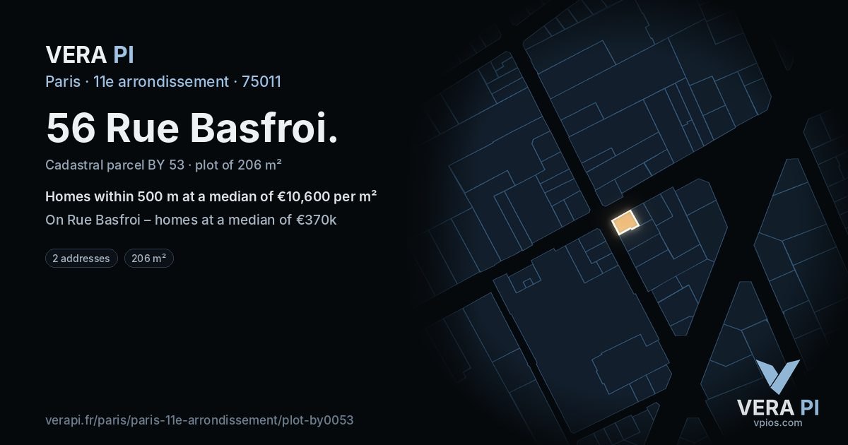 56 Rue Basfroi, 11e arrondissement at night – the plot lit, the parcels around coloured by the prices near them