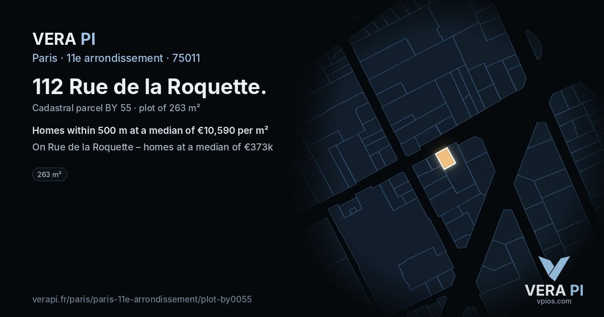 112 Rue de la Roquette, 11e arrondissement at night – the plot lit, the parcels around coloured by the prices near them