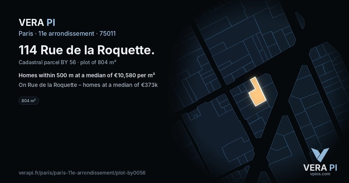 114 Rue de la Roquette, 11e arrondissement at night – the plot lit, the parcels around coloured by the prices near them