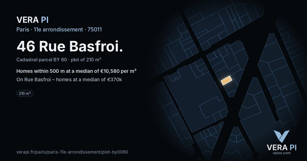 46 Rue Basfroi, 11e arrondissement at night – the plot lit, the parcels around coloured by the prices near them