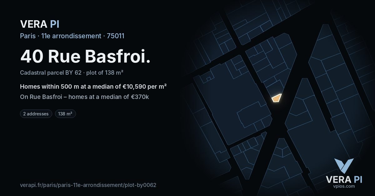40 Rue Basfroi, 11e arrondissement at night – the plot lit, the parcels around coloured by the prices near them