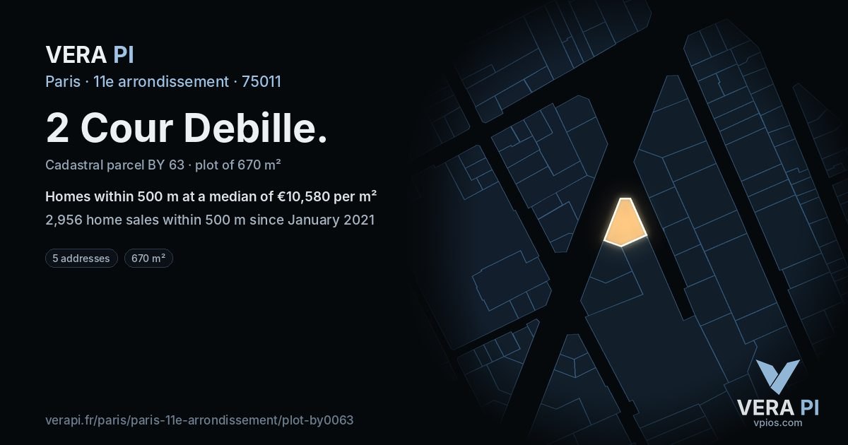 2 Cour Debille, 11e arrondissement at night – the plot lit, the parcels around coloured by the prices near them
