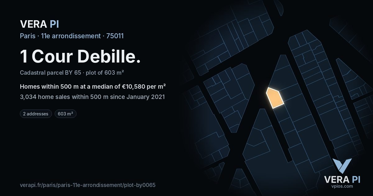 1 Cour Debille, 11e arrondissement at night – the plot lit, the parcels around coloured by the prices near them