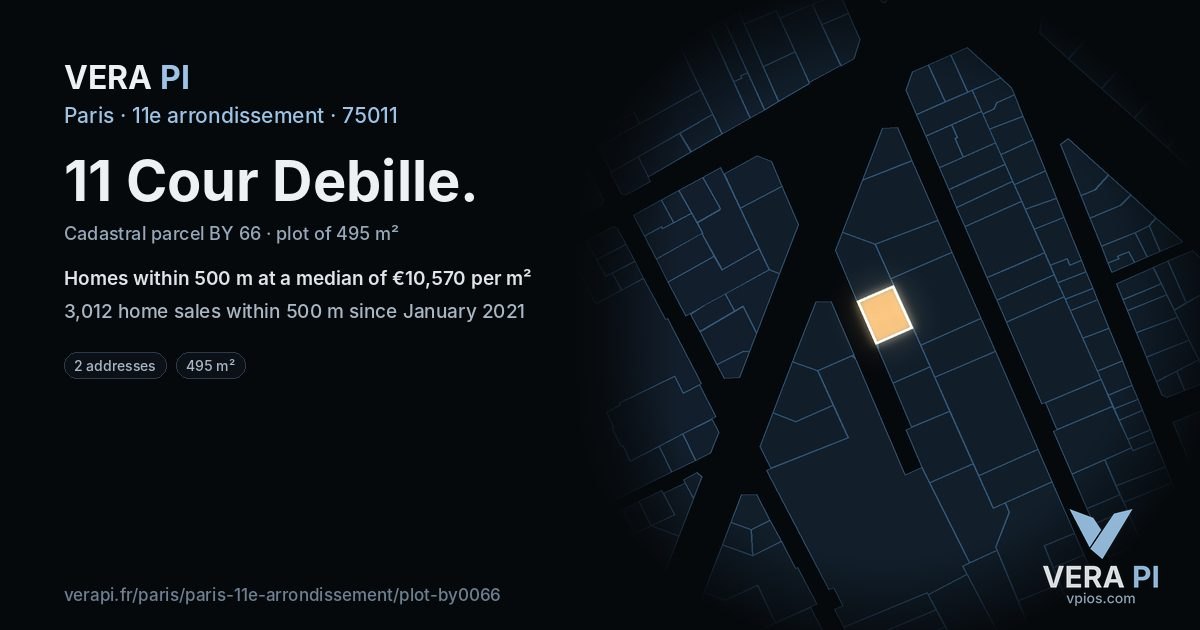 11 Cour Debille, 11e arrondissement at night – the plot lit, the parcels around coloured by the prices near them
