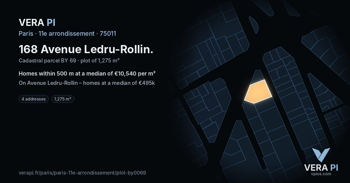 168 Avenue Ledru-Rollin, 11e arrondissement at night – the plot lit, the parcels around coloured by the prices near them