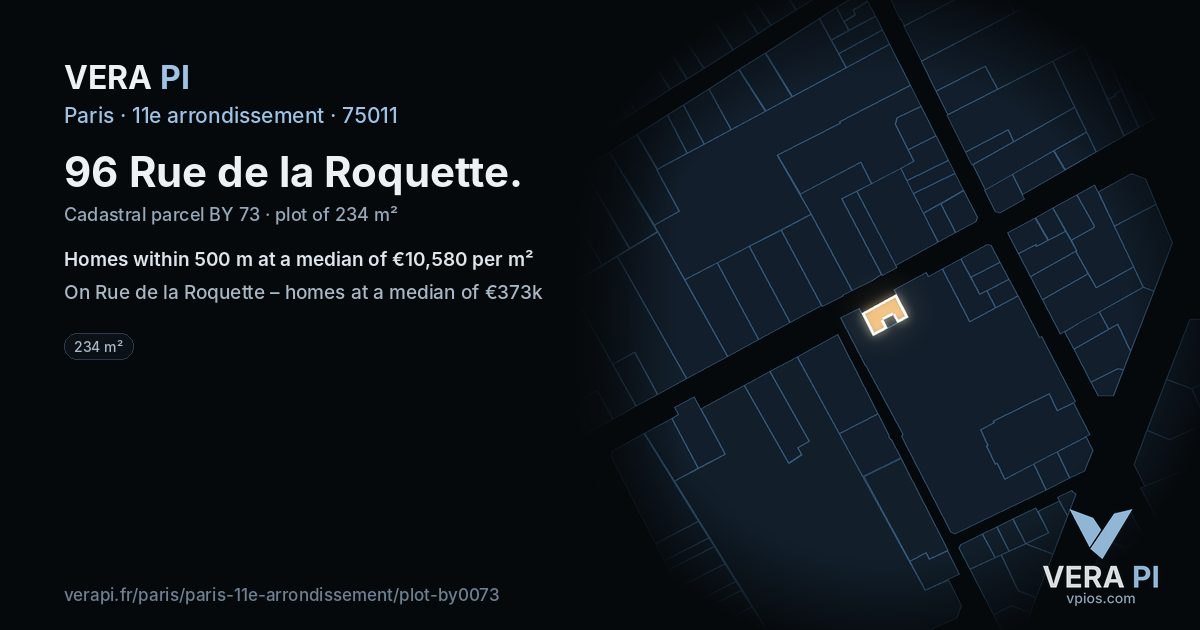 96 Rue de la Roquette, 11e arrondissement at night – the plot lit, the parcels around coloured by the prices near them