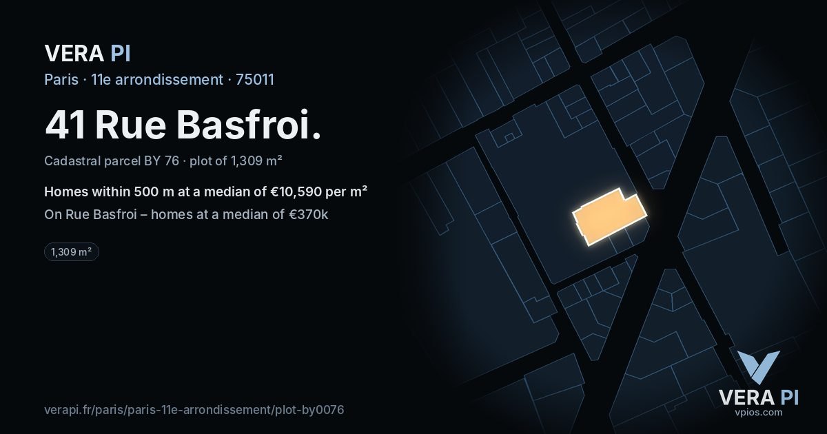 41 Rue Basfroi, 11e arrondissement at night – the plot lit, the parcels around coloured by the prices near them