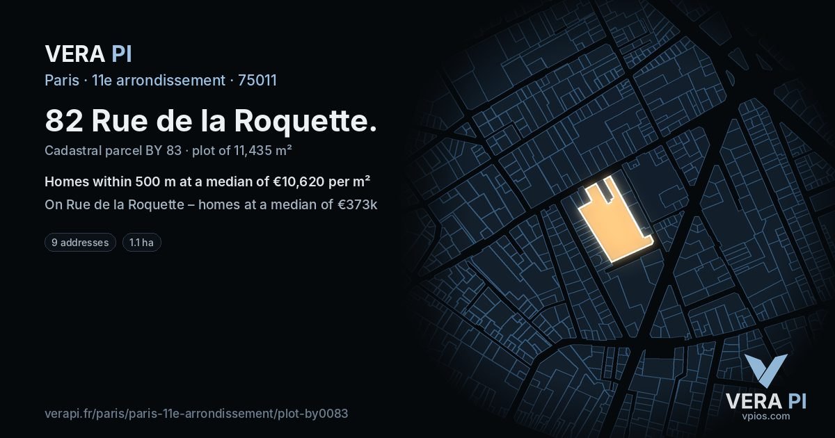 82 Rue de la Roquette, 11e arrondissement at night – the plot lit, the parcels around coloured by the prices near them