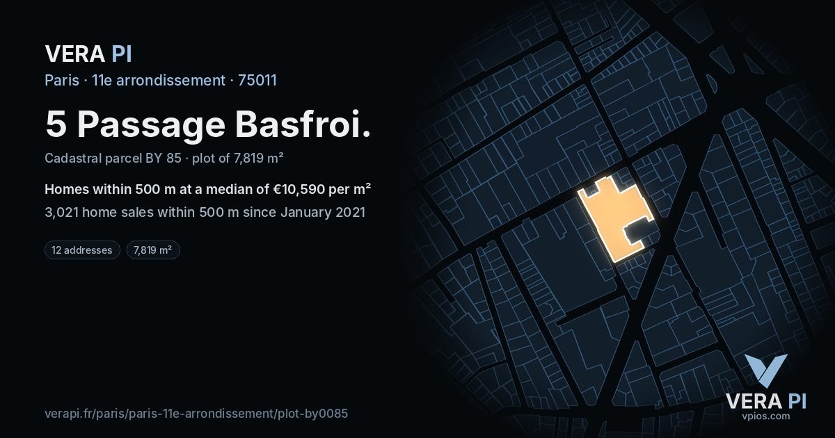 5 Passage Basfroi, 11e arrondissement at night – the plot lit, the parcels around coloured by the prices near them