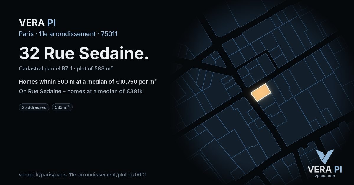 32 Rue Sedaine, 11e arrondissement at night – the plot lit, the parcels around coloured by the prices near them
