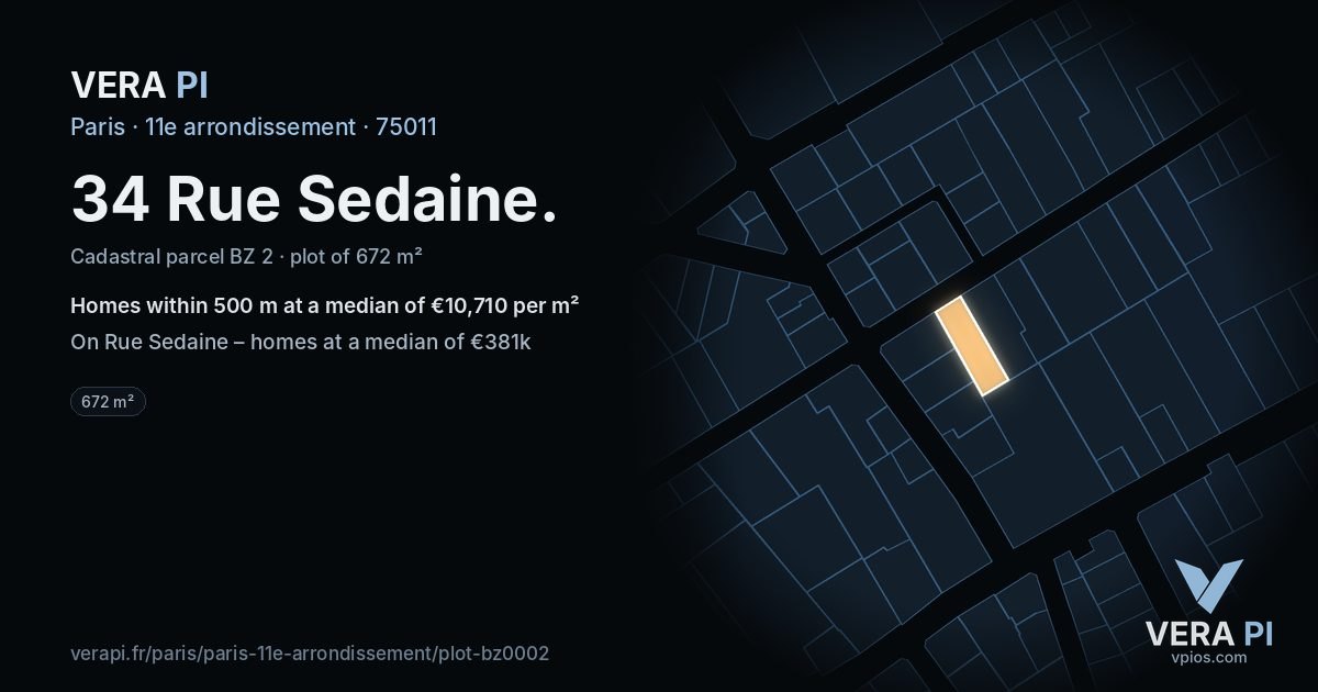 34 Rue Sedaine, 11e arrondissement at night – the plot lit, the parcels around coloured by the prices near them